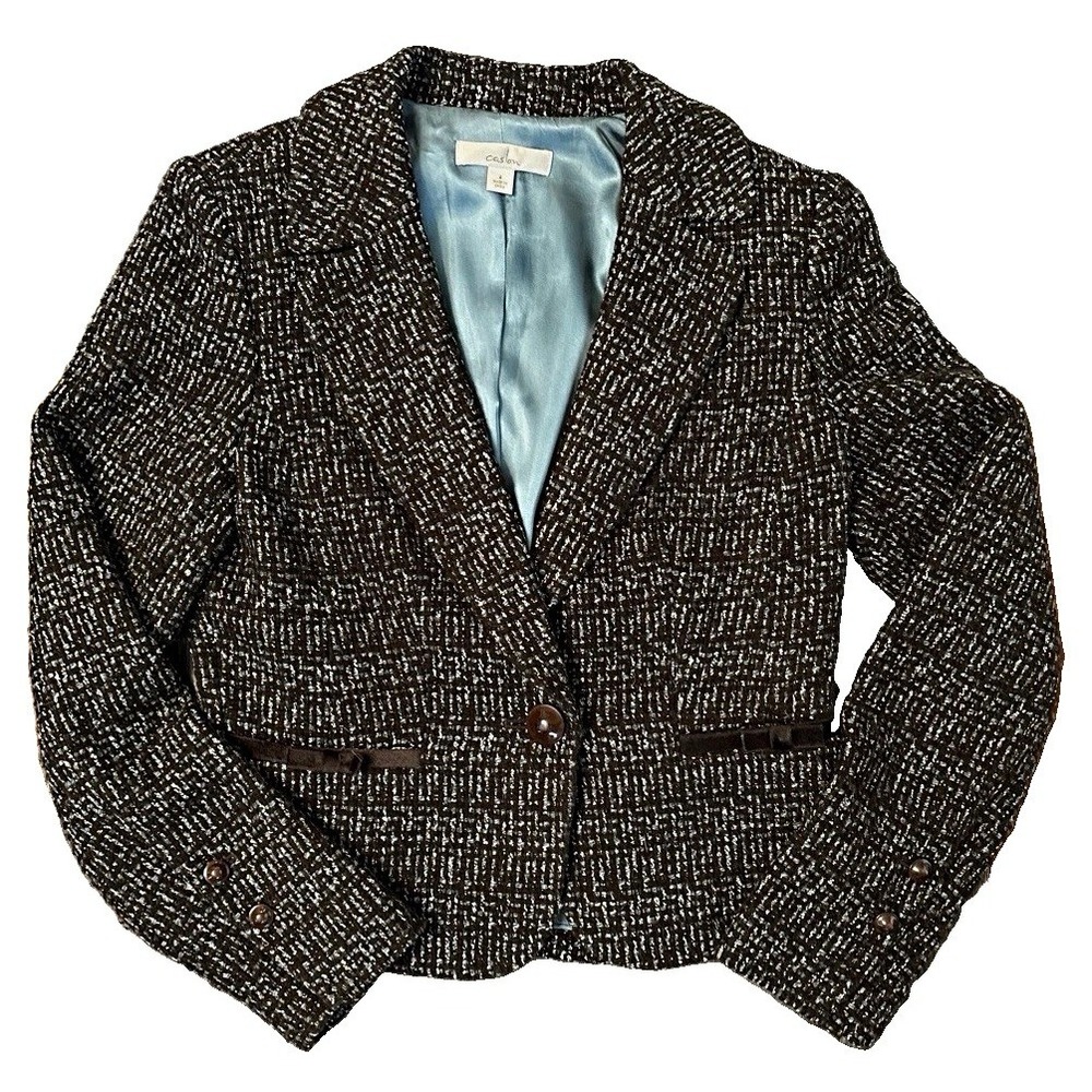 Caslon Nordstrom Womens 4 Tweed Blazer Jacket Brown Teal White Flecks Velvet Bow